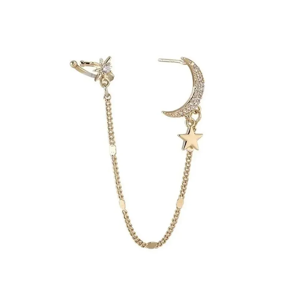Boho Golden Crescent Moon and Stars Dreamer Cuff Swing Chain Earrings Gold A0128